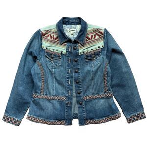 Coldwater Creek Size PM Aztec Southwestern Print Denim Blue Jean Cotton Jacket
